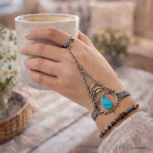 Turquoise Boho Hand Chain Bracelet with Adjustable Ring | Statement Jewelry